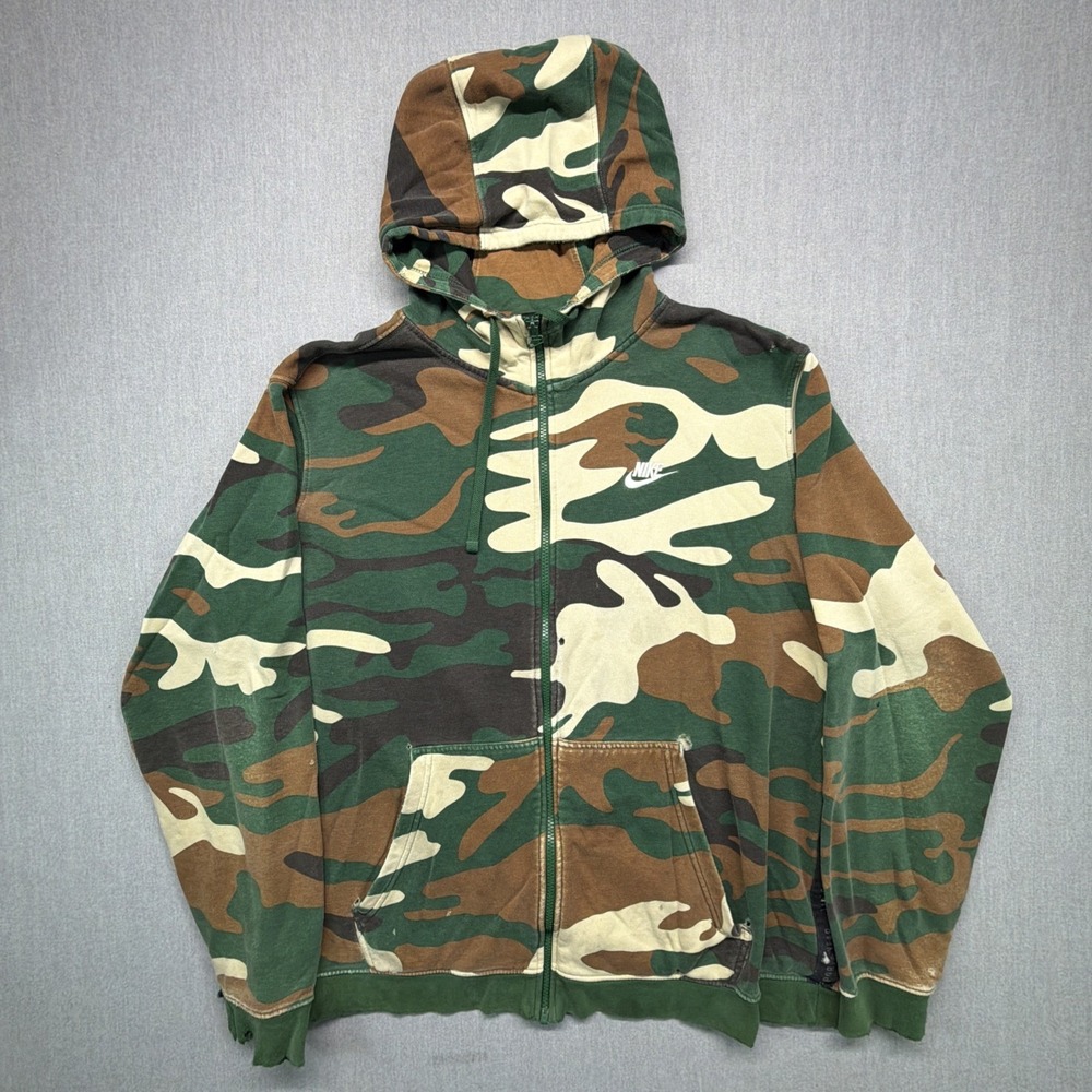 Nike Hoodie Mens XL Woodland Camo Full Zip Hoodie Thrashed Grunge Skate